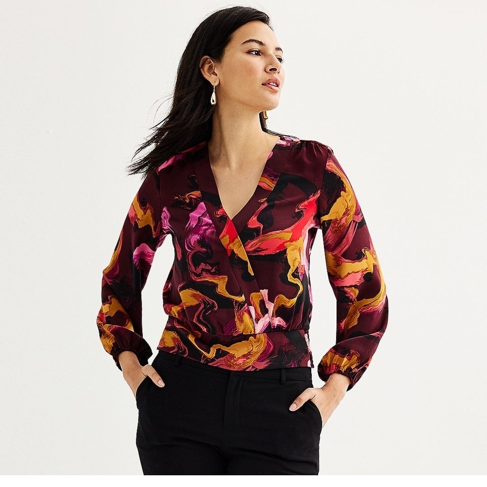 Nine West V-Neck Abstract Wrap-Style Blouse in Burgundy and Pink Size XXL